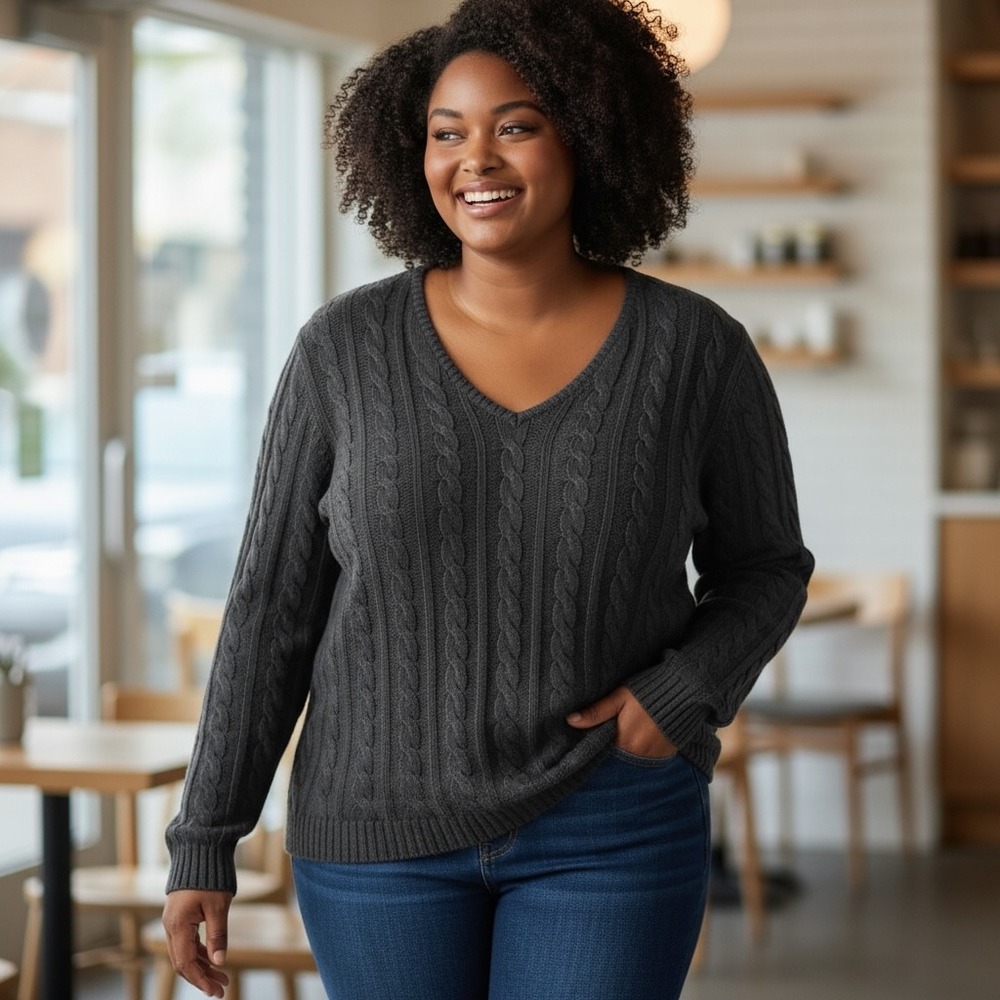 Lauren Ralph Lauren Black Cable Knit V Neck Cotton‎ Sweater Plus Size 2X